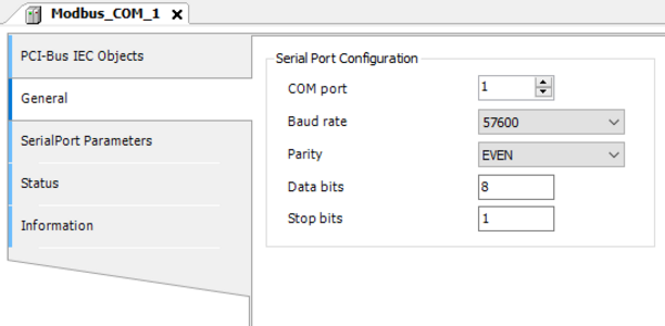 Screenshot CODESYS Modbus configuration bus parameters